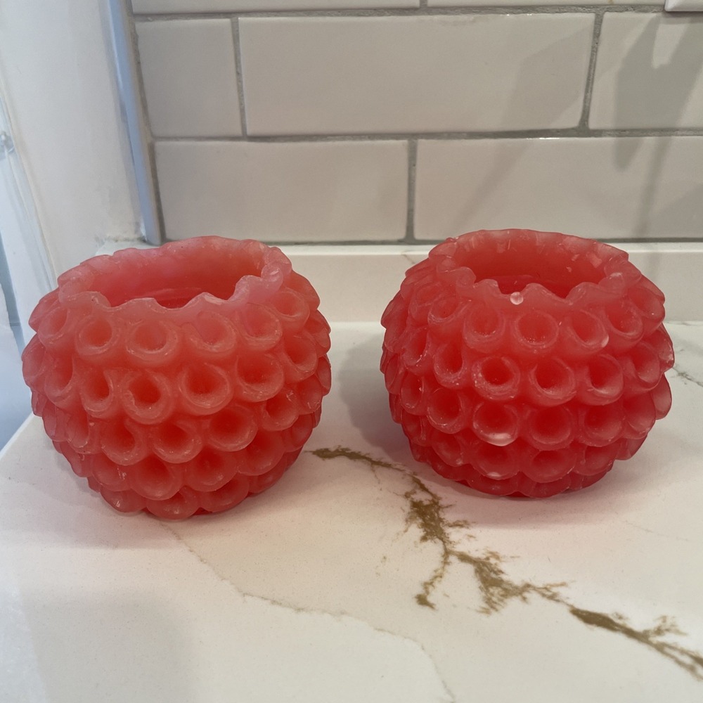 Vintage Williams Sonoma Globe Candle Melon Carved Pink 3.75 x 2.75 Set of 2